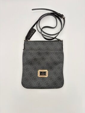 Guess Gray 4G Logo Crossbody Bag Black Strap Gold Plaque